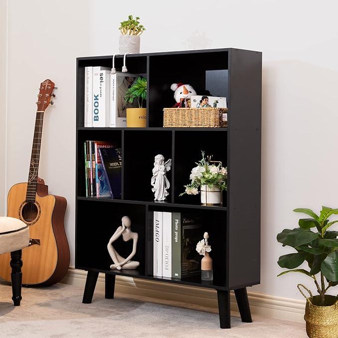 YAHARBO Black Bookshelf,3 Tier Modern Bookcase with Legs,Bookshelves Wood Sto...