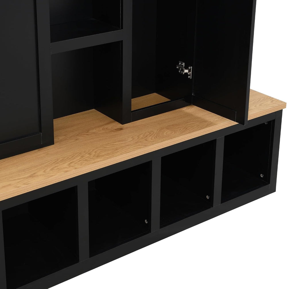 Modern 63'' Wide Hall Tree with 6 Hidden Hanging Hooks, Brown Wood Gr...
