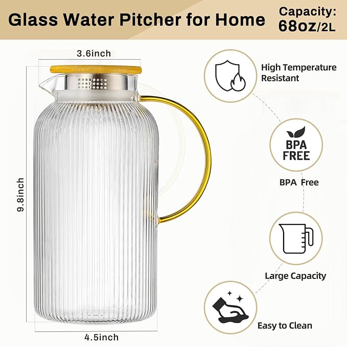 Buaic Glass Pitcher with Lid, 2 PACK 68 oz/2 Liter Vertical Water Pitcher With - Image 2