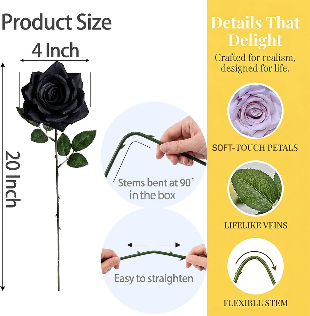 Black Roses Artificial Flowers, 50Pcs 4 Inch Large Fake Roses Bulk