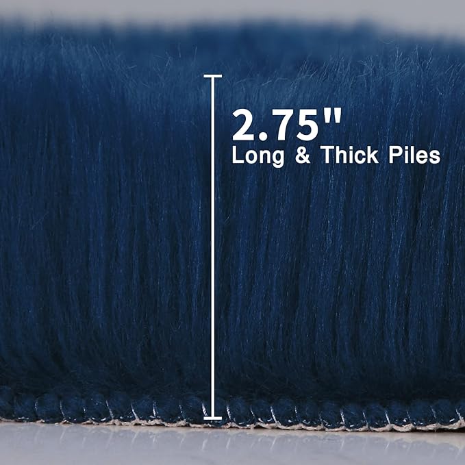 duduta Navy Blue Faux Sheepskin Round Rug 4x4 ft, Fluffy Shag Fur Bedroom - Image 2