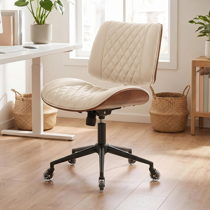 Armless Office Chair with Silent Rubber Wheels, Mid Century Modern Walnut Style Desk Chair, No Arms Leather Computer Chair for Home Office, Seat-Rocking, Adjustable Height (Beige)