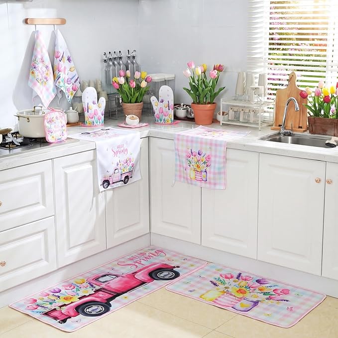 Fourluoo 10 Pcs Spring Flower Farmhouse Kitchen Decor Set Dish Towels Kitchen