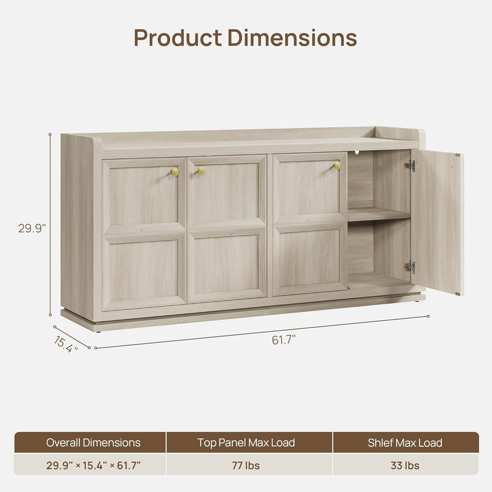 SICOTAS 61.7" 4-Door Buffet Sideboard Cabinet Living Room, Grey White Oa...