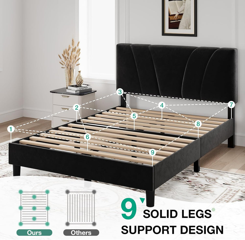 Novilla Full Size Bed Frame with Headboard, Full Bed Frame with Wooden Slats ...