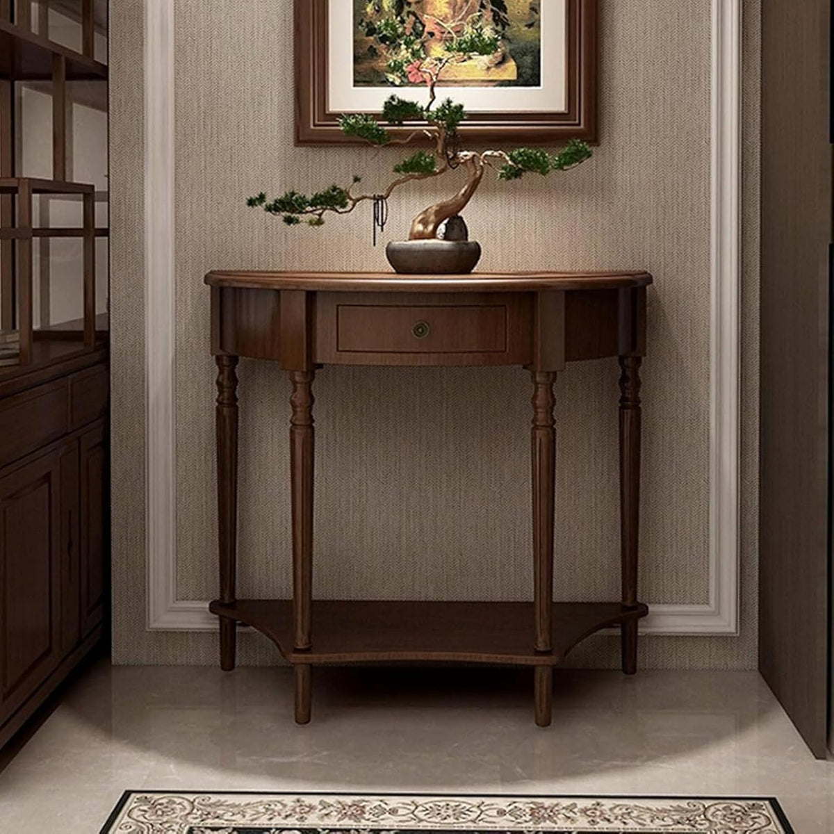Half Moon Table, Table Solid Wood with Drawer Half-Moon Porch Side Elegant Vintage, Semi-Circle Entryway Storage Shelf, for Hallway Entrance Decor(Walnut-Colored, 23.6" L x 11.8" W x 31.5" H)