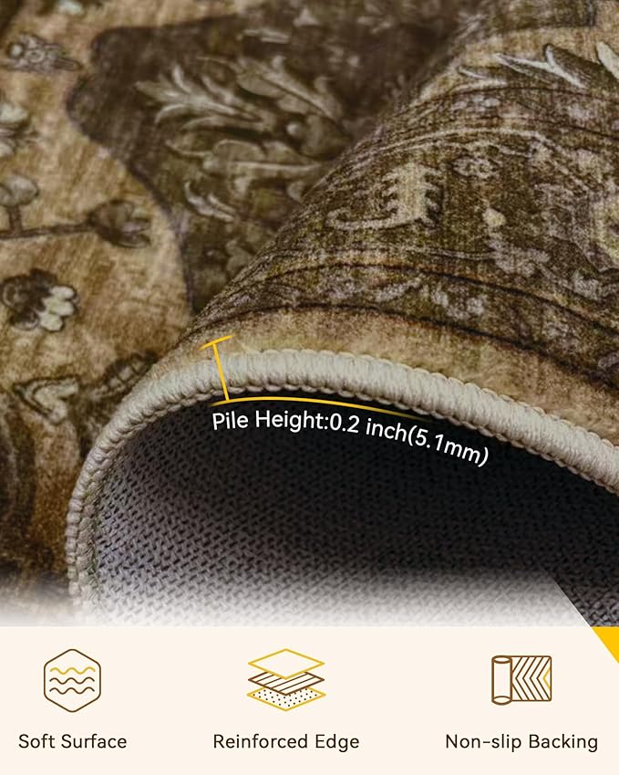 Area Rugs Round 6ft Washable Non-Slip, Floral Vintage Distress Print Pattern - Image 2