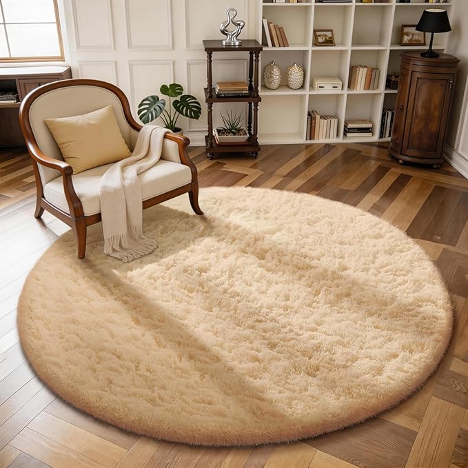 Ophanie Round Rug 4Ft Beige Circle Area Rug, Fluffy Fuzzy Small Bedroom Carpet by Ophanie