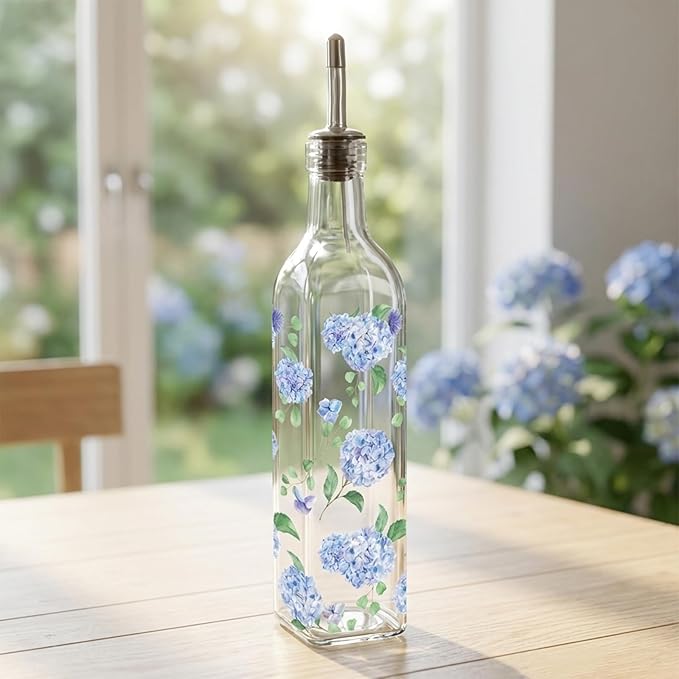 JarThenaAMCS Blue Hydrangea Olive Oil Dispenser Bottle Glass Cruet Bottle by JarThenaAMCS