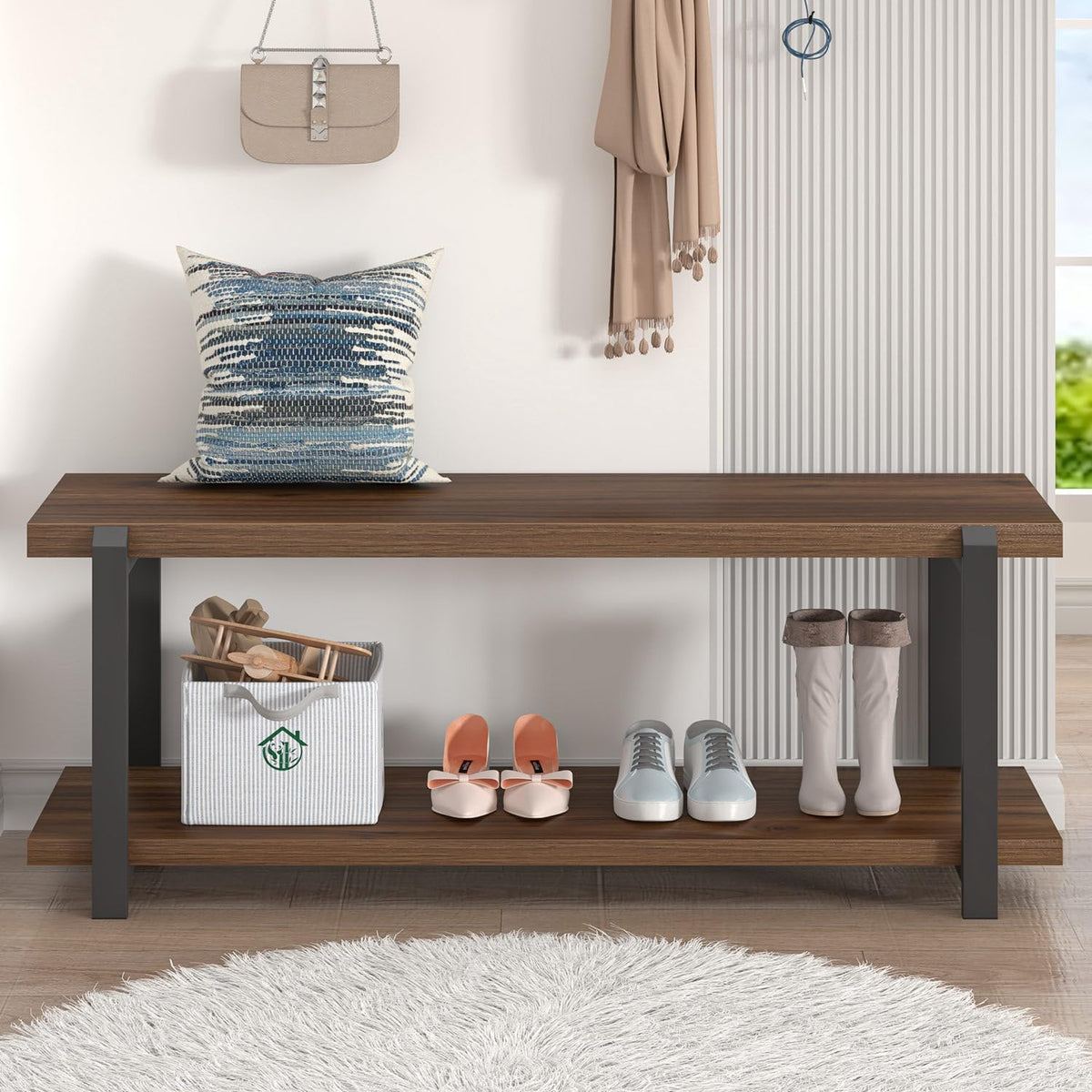 FOLUBAN Entryway Bench with Shoe Storage, Modern End of Bed Bench, Wood and Metal Entry Bench for Hallway Front Door Entrance, Industrial Indoor Bench for Bedroom Living Room, Rustic Walnut, 47 Inch