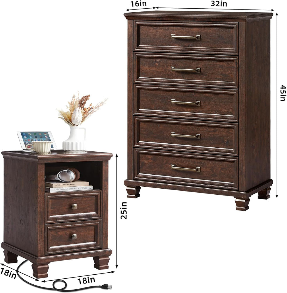 Farmhouse Dresser and Nightstand Sets 3 Piece, Walnut