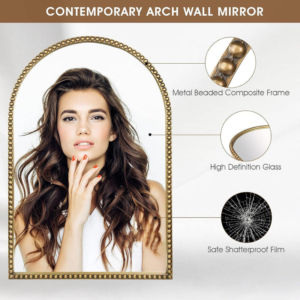 Arched Wall Mirror for Bathroom - 24"x36" Metal Beaded Frame Decora...