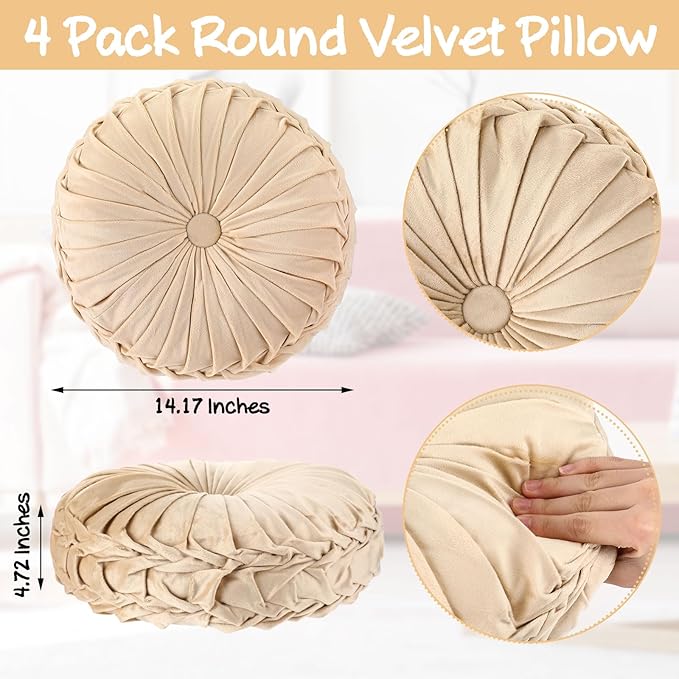 Kathfly Set of 4 Decorative Round Pleated Throw Pillows, Classy Velvet Pumpkin - Image 2