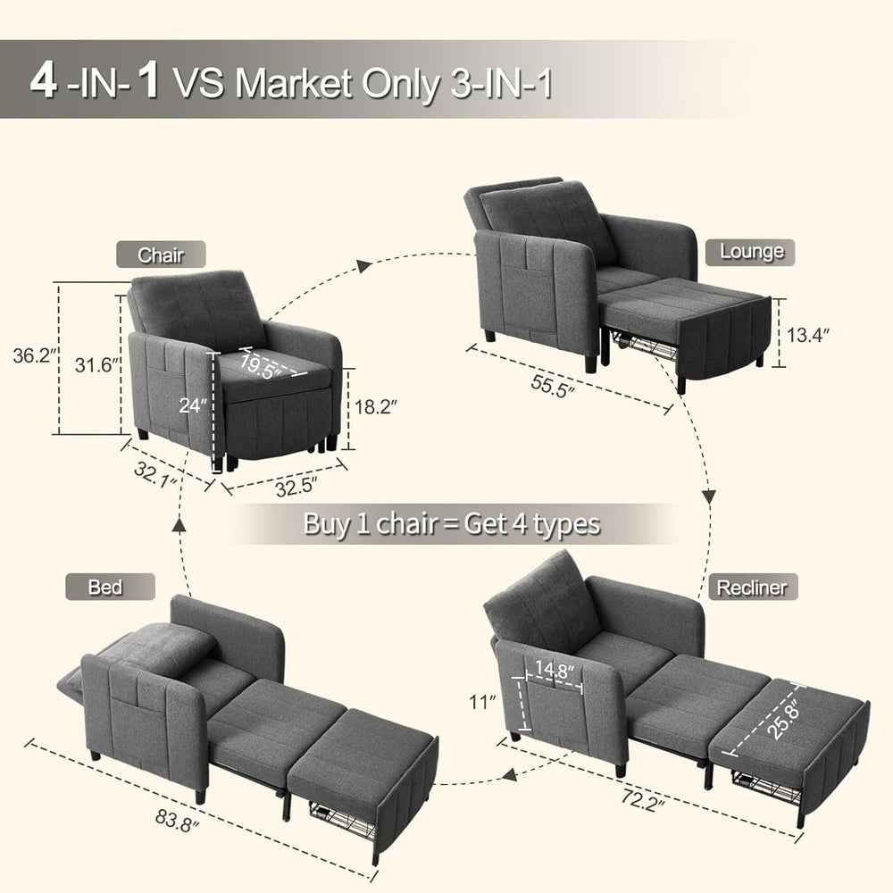 Sleeper Chair 84" Extra Long Convertible Chair Bed Upgraded 3-in-1 to 4-...