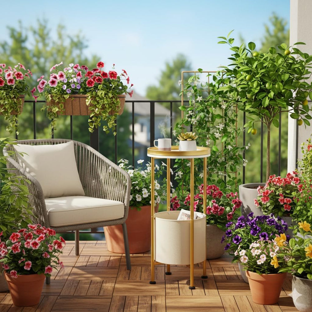 Small Round Side Table with Storage Basket, 2-Tier Round End Table for Living...