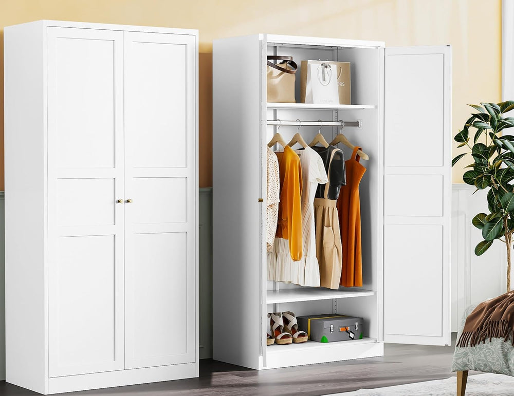 Metal Wardrobe Cabinet with Hanging Rod,White Armoire Wardrobe Closet,Metal C...