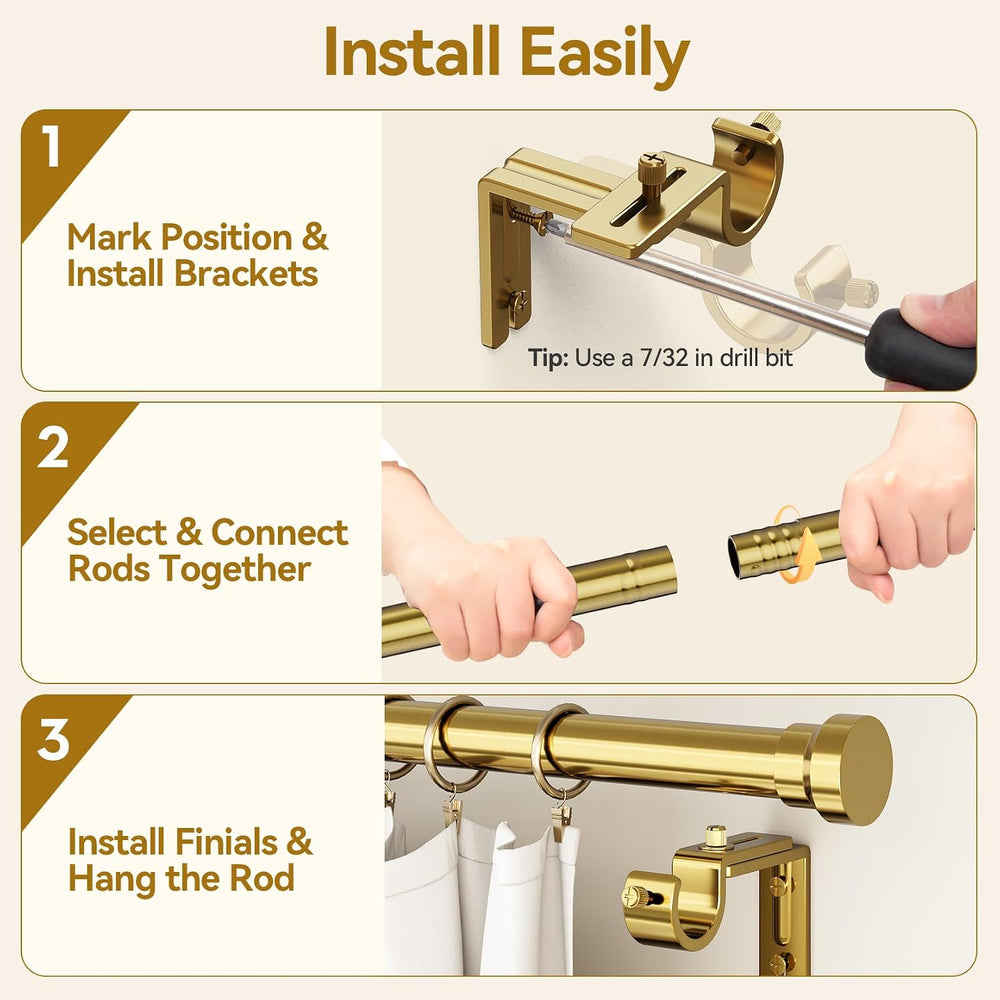 YaFex Warm Gold Curtain Rods 32-114 Inch, 1 Inch Diameter Heavy Duty