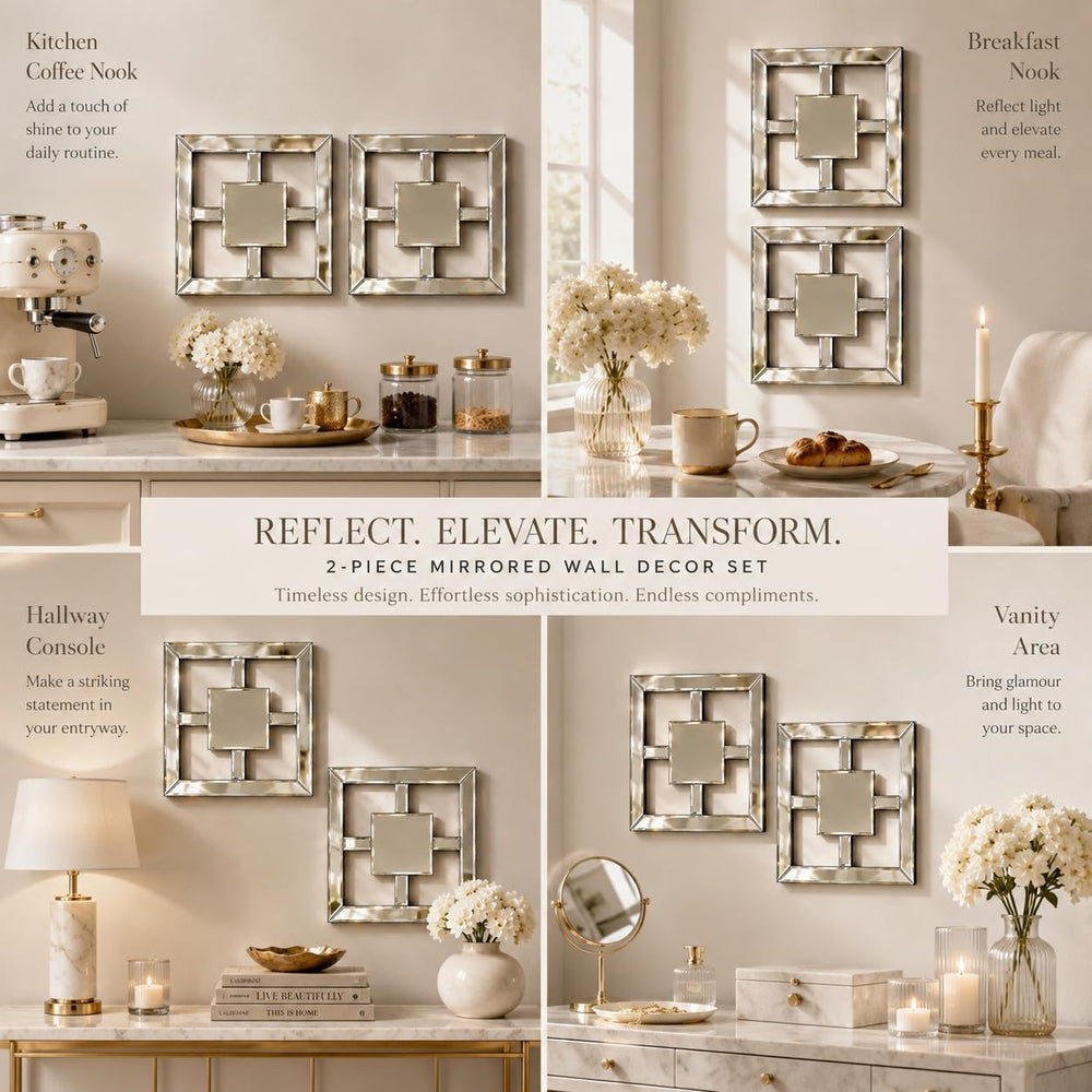 Square Decorative Wall Mirror 12 x 12 Inch, Silver Frameless Mirror Wall Deco...