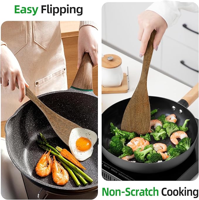 Ecavria 2PCS Wooden Spatula, 12.8IN Wooden Flat Frying Spatulas, Long Handle - Image 2