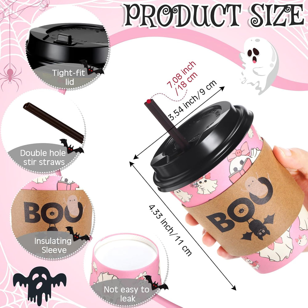 Lallisa 100 Sets 12 oz Halloween Disposable Coffee Cups with Lids and Sleeves...
