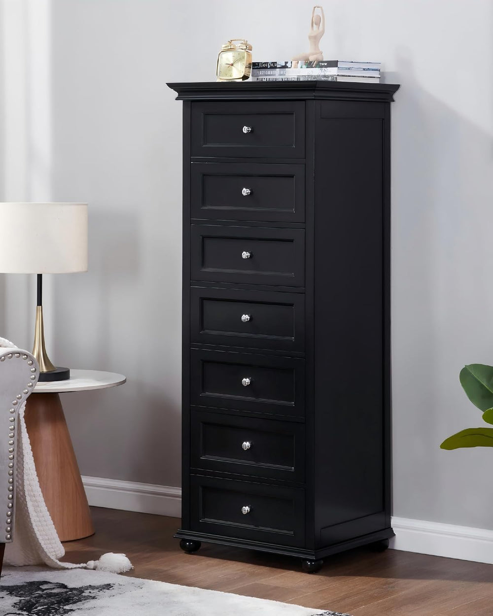 Tall Skinny Dresser for Bedroom with 7 Drawers, Black Narrow Wood Dresser