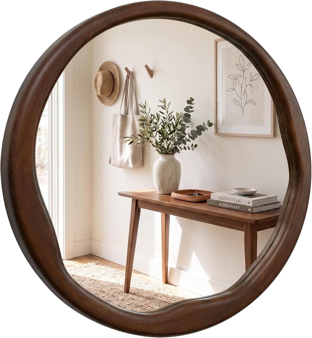 24 Inch Dark Walnut Round Wood Bathroom Mirror, Wavy Inner Edge