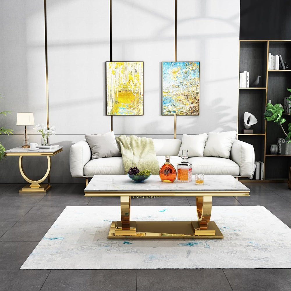 Modern Luxury Faux Marble End Table with Polished Gold Stainless Steel Base S...
