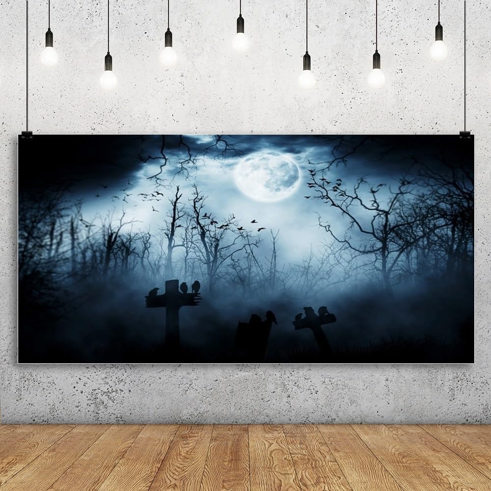 Leyiyi 20x10ft Gothic Happy Halloween Backdrop Grunge Misty Graveyard Grave S...