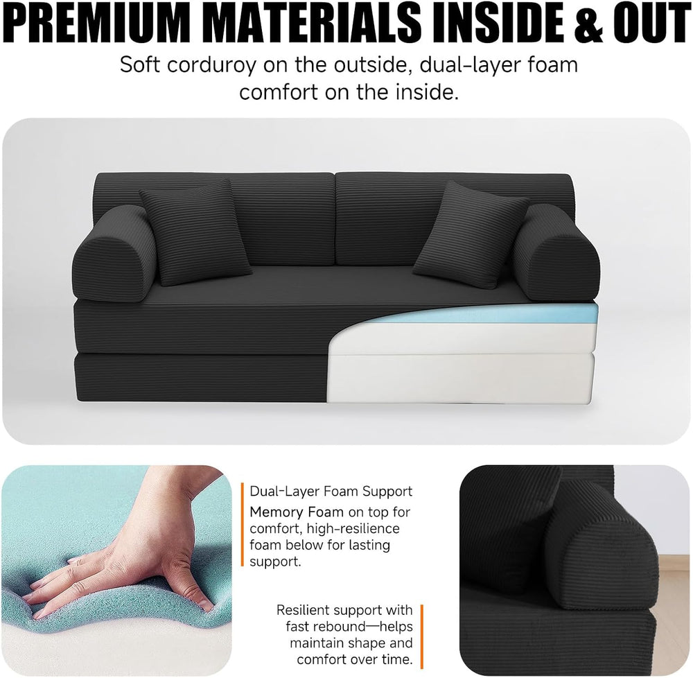79" Memory Foam Sofa Bed, High Backrest Convertible Futon Boneless Couch