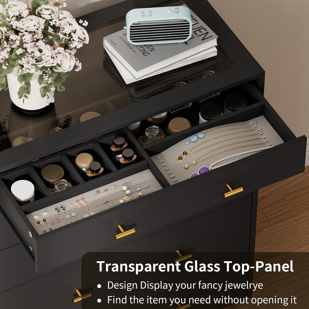 Closet Island with Drawers, Glass Top, LED Lights, Black