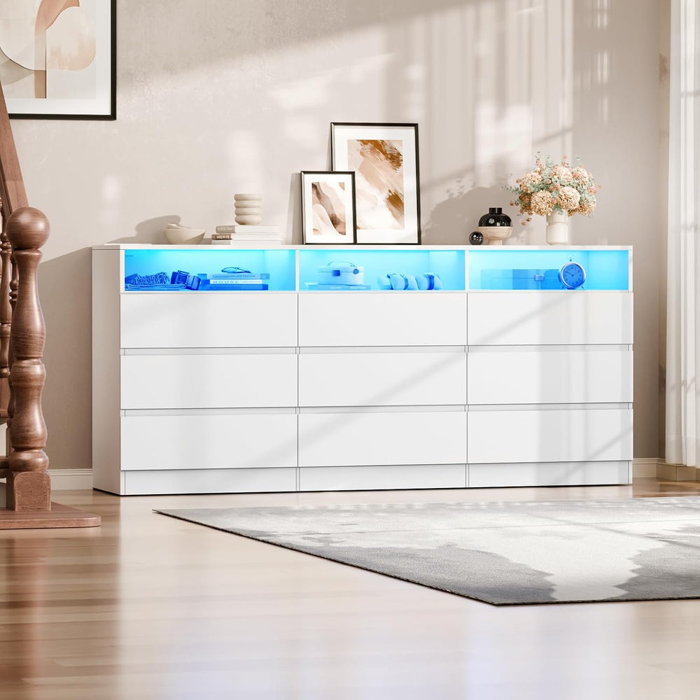 STIKELY 9 Drawer Dresser for Bedroom with Power Outlet and LED Light,