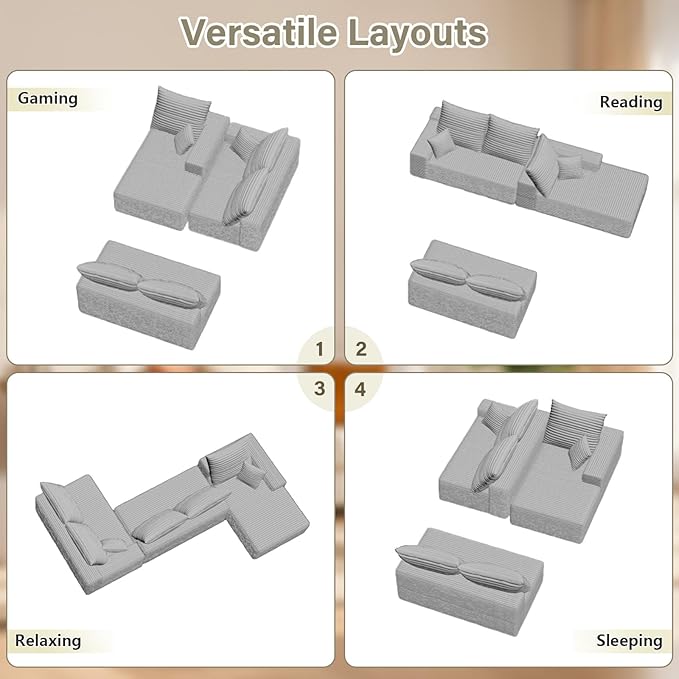 166.9" Cloud Sectional Couch with L-Shape Chaise, Upholstered Corduroy C...