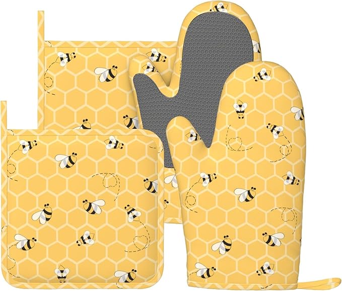 Yellow Honey Honeycomb Cute Bee Oven Mitts And Pot Holders Set Of 4 Silicone by VOOHDDY