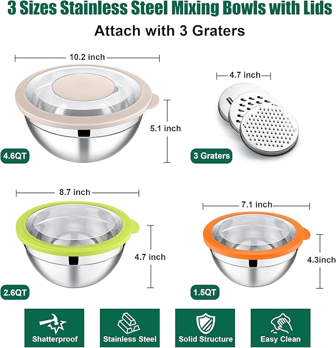 E-far Mixing Bowls with Lids and Graters, Stainless Steel Salad Mixing Bowl - Image 5