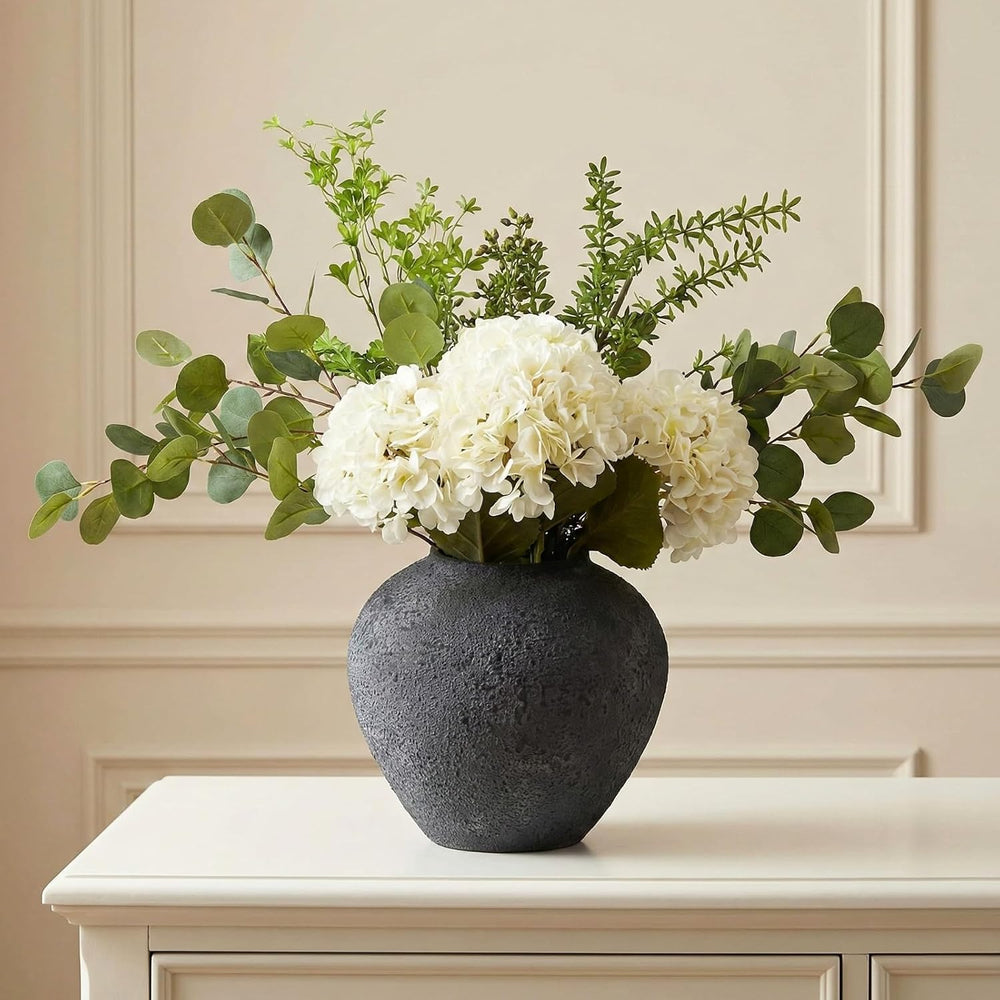 Faux Arrangement - Eucalyptus & White Hydrangea Flowers, Large Artificial...