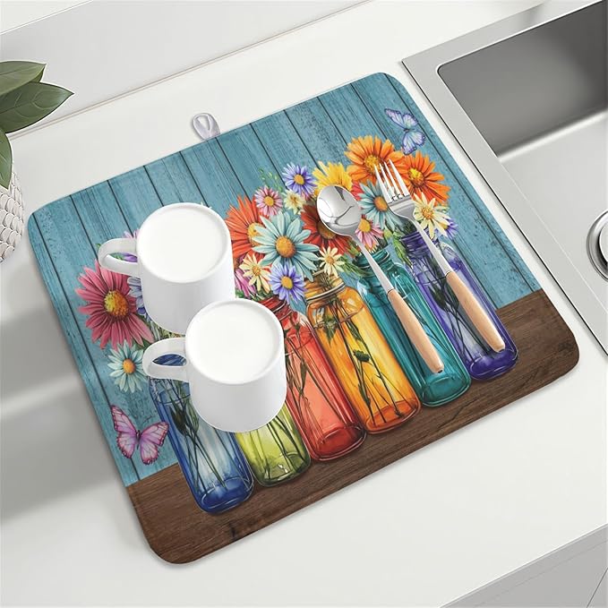 Vintage Floral Dish Drying Mat for Kitchen Counter Rustic Flower Vases Wooden - Image 8