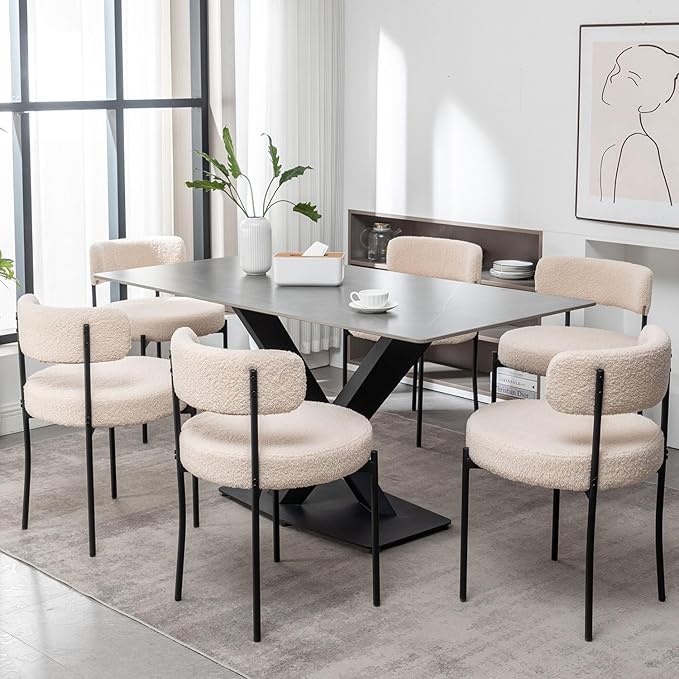 Boucle Dining Chairs Set of 6, Upholstered Dining Room Chairs with Black Meta...