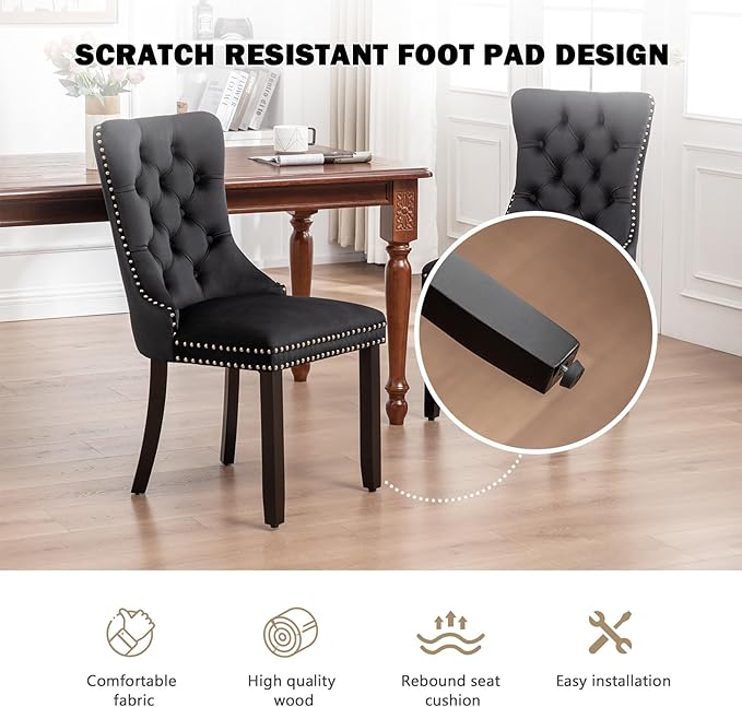 Velvet Dining Chairs Set of 4,Upholstered Dining Chairs with Ring Pull Trim a...