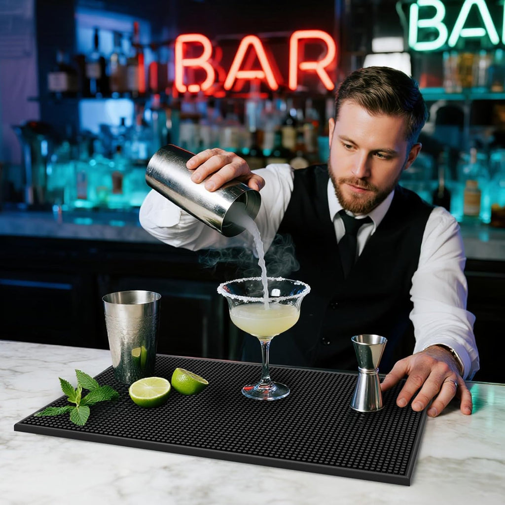 4 Pack Rubber Bar Mats for Countertop 18x12 Inch Black Silicone Bar Coffee Mat for Bartending Dish Drying Matt Home Bars Counter Cocktail Non Spill Mat for Bartender Bar Service Table Top Accessories