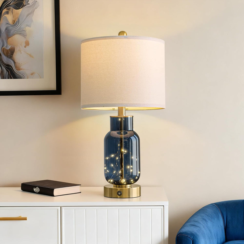 22" Glass Table Lamps Set of 2 with LED Nightlight for Bedroom, Blue