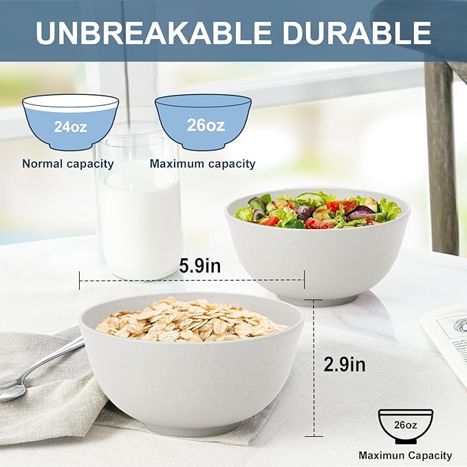 Wheat Straw Bowl 26oz, Cereal Bowls Sets of 6, Unbreakable Soup & Salad Bowl - Image 2