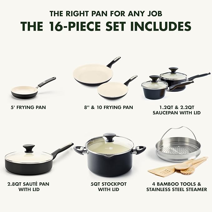 GreenPan Rio 16 Piece Cookware Pots and Pans Set, Hard Anodized Healthy Ceramic - Image 3