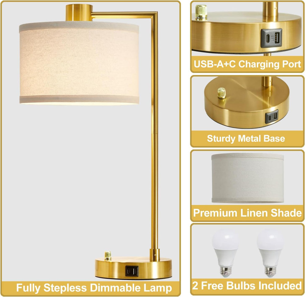 Gold Table Lamp Set of 2, Dimmable Bedside Lamps for Night Stands, USB A+C