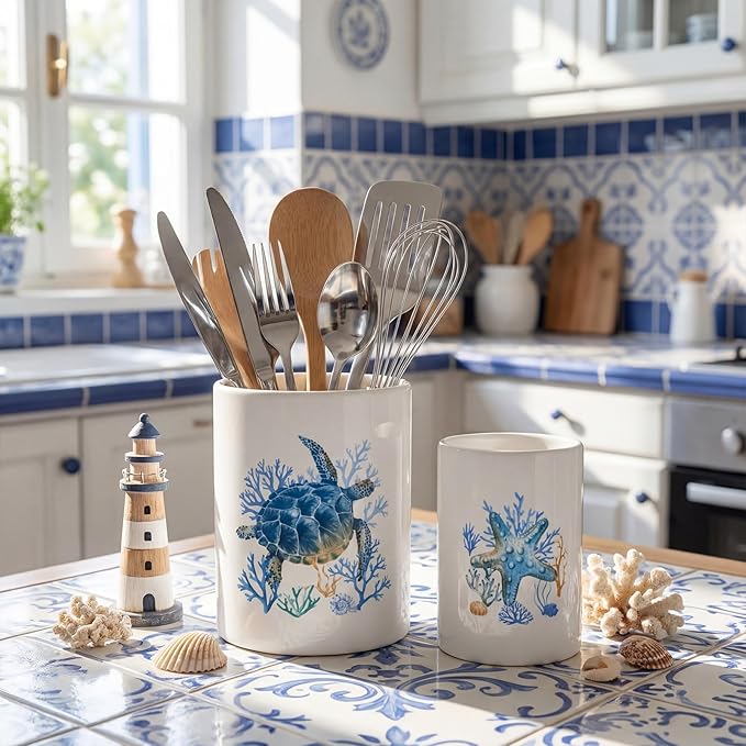 Bokon 2 Pack Ceramic Utensil Holder 6.3" + 5.1" Ocean Theme Coastal Kitchen - Image 5