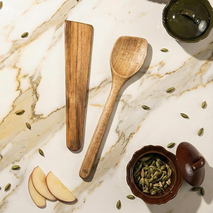 SLATE & ROYCE Wooden Spoon and Spatula Set, 2-Piece Non-Toxic Acacia Wood - Image 2