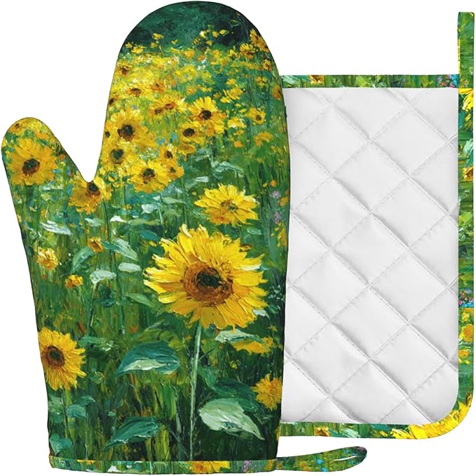 Vintage Sunflower Oven Mitts and Pot Holders Sets Flower Oil Painting Silicone - Image 2