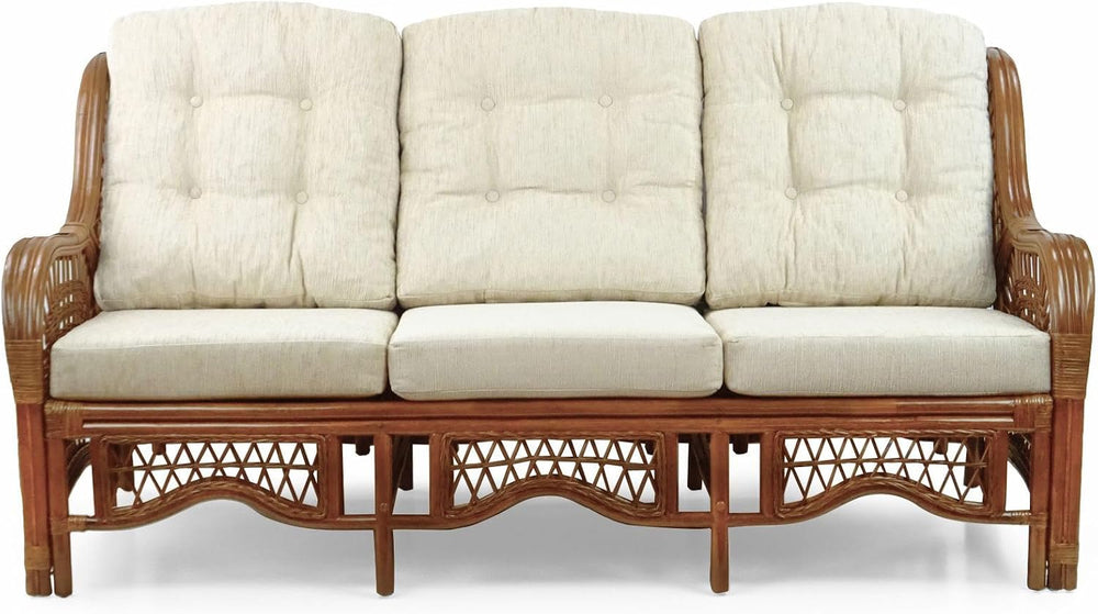 Malibu Lounge Three-Seater Sofa Natural Rattan Wicker Handmade Design (Cream ...