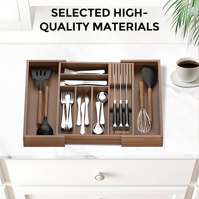 TIOPGHAD Bamboo-Silverware-Drawer-Organizer-Kitchen, Expandable Utensil Holder