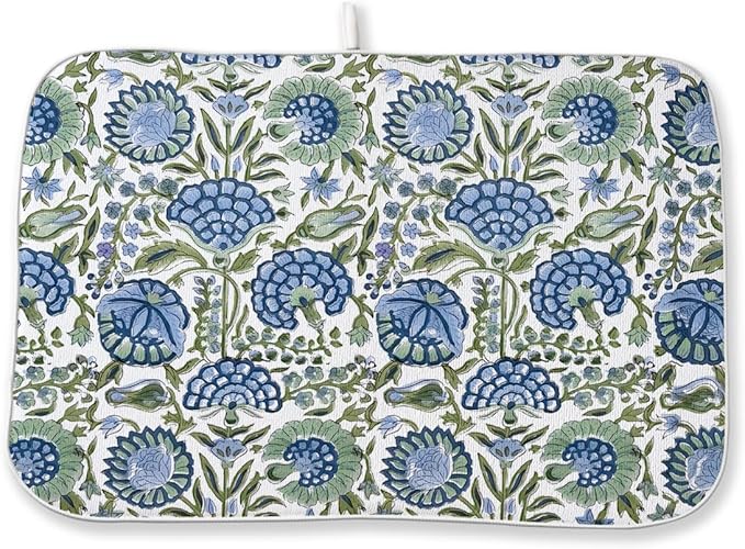 Vintage Blue Sage Green Floral Dish Drying Mat 18 x 24 Inch Boho Floral Drying by Sorktse