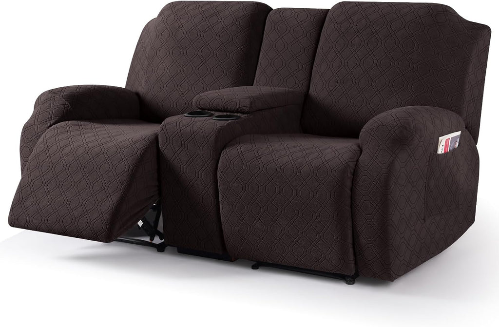 VANSOFY Stretch Recliner Loveseat Cover with Middle Console, Chocolate | 4-Pieces, Soft Furniture Protector, Washable Slipcover with Pocket, Pets Sofa Cover, High Stretchy fabric Couch Cover